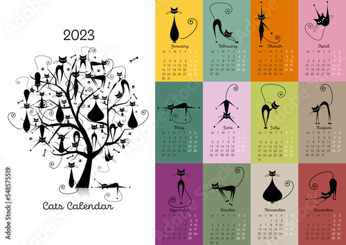Calendar template, funny black cats on tree. Symbol of 2023. Vector illustration
