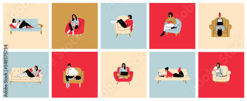 Girls sitting in armchair, sofa at home. Woman with laptopor book on the chair, sofa. Freelance or studying concept. Female character, chatting online using laptop, resting