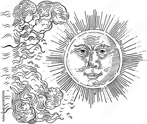 Vintage sun with a face and clouds. Hand drawn engraving medieval style ink pen illustration. Tattoo design. Coloring book page. Esoteric, occult, witchcraft, alchemy, boho, astrology, fairytale.