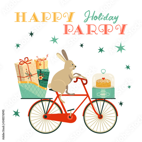 Bunny Rabbit deliver presents to holiday party fancy vector poster. Funny rabbit transport gifts design element. Lunar New Year symbol hare illustration. Festive holiday event celebration background