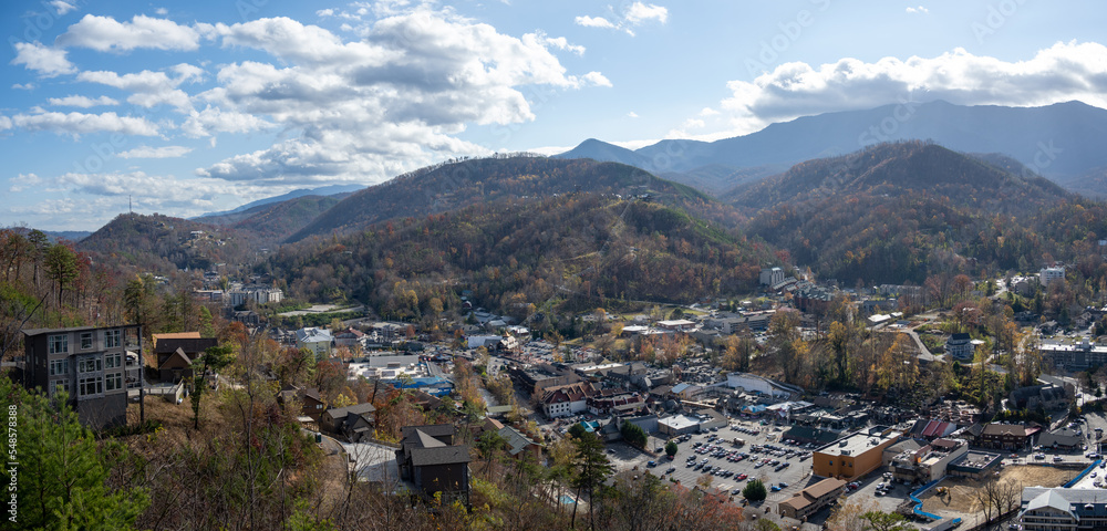 A panoramic view of downtown Gatlinburg, Tennesse from the Skylift Park
