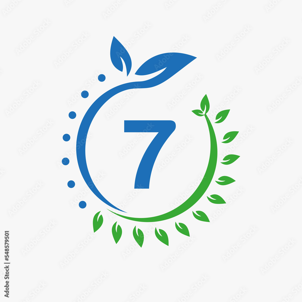 Obraz premium Letter 7 Healthcare Logo. Doctor Logo Sign, Medical Pharmacy Eco Leaf Symbol Design