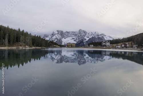 Misurina lake with a view of the Asma hospital, the Dolomites and Lavaredo