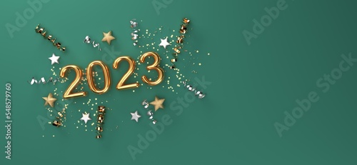 2023 New Year celebration theme with confetti and stars - 3D render photo