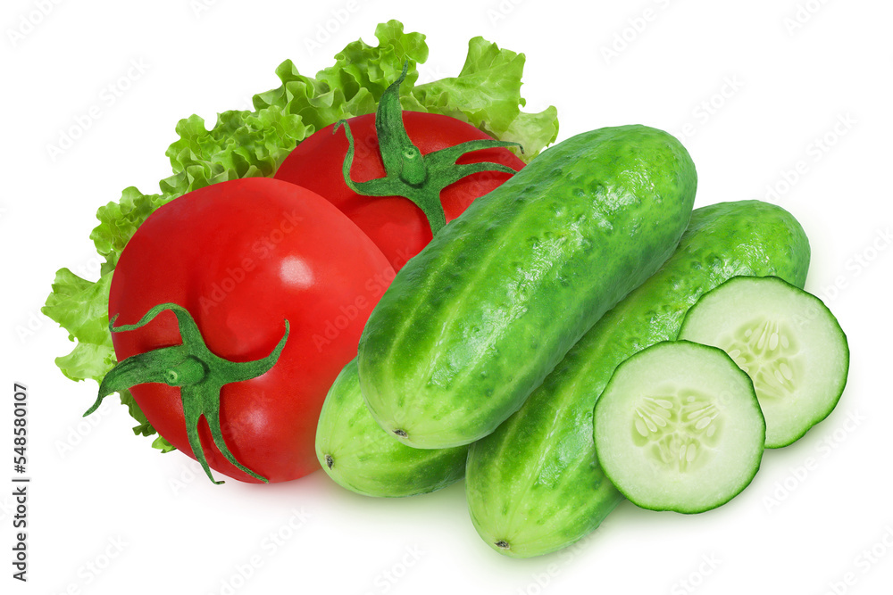 Tomatoes and cucumbers on an isolated white background. Tomatoes and cucumbers on an isolated white background.