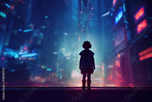 A child standing in a futuristic neon city at night, Cyberpunkt style with neon lights, abstract