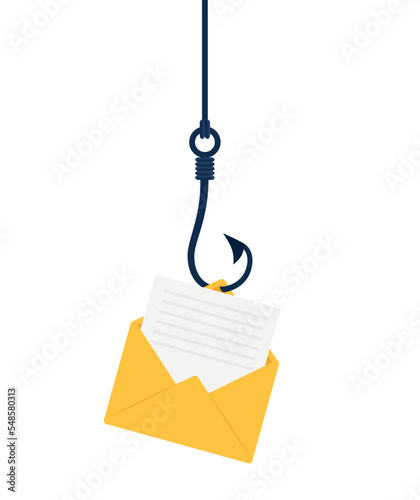 Fishing hook with email. Fishing fraud with mail envelope icon. Phishing hack of account and security password. Scam concept in flat. Message forgery. Vector. Fish data cyber protection.
