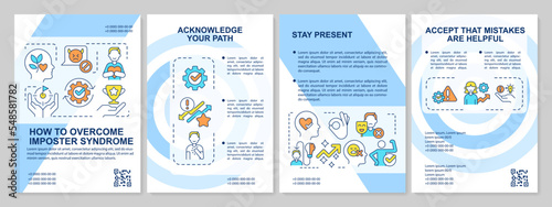 Overcoming impostor feelings tips blue brochure template. Leaflet design with linear icons. Editable 4 vector layouts for presentation, annual reports. Arial, Myriad Pro-Regular fonts used