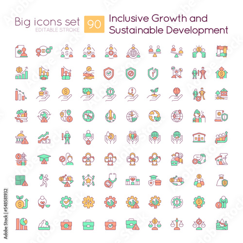 Fototapeta Naklejka Na Ścianę i Meble -  Inclusive growth and sustainable development RGB color icons set. Social equality. Isolated vector illustrations. Simple filled line drawings collection. Editable stroke. Quicksand-Light font used