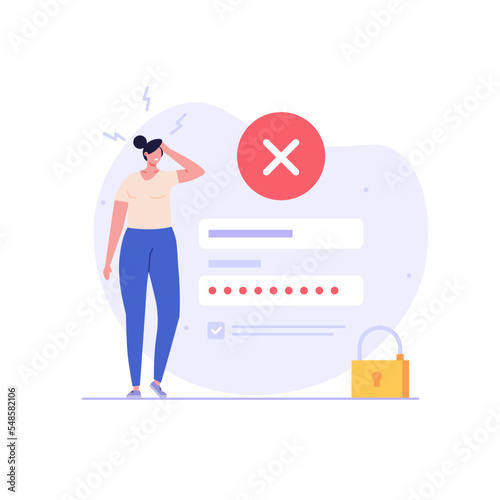 User forgot the password. Concept of forgotten password, key, account access, blocked access, protection, account security. Vector illustration in flat design for web page, landing, web banner