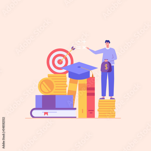 Students investing money in education. People pay tuition fee in university. Student taking education loan in bank. Concept of student loan, education credit, paid training. Vector illustration