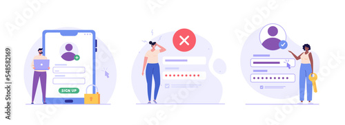 Concept of online registration, sign up, forgot password. Registration sign up. People register new account. Duo verification account. Vector illustration set in flat cartoon design UI mobile app