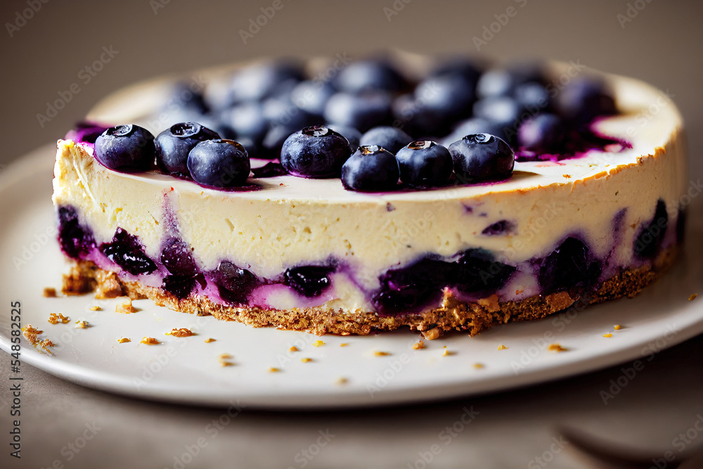 baked cheesecakes with fresh blue berries on a circular plate, digital photo illustration baked cheesecakes with fresh blue berries on a circular plate, digital photo illustration