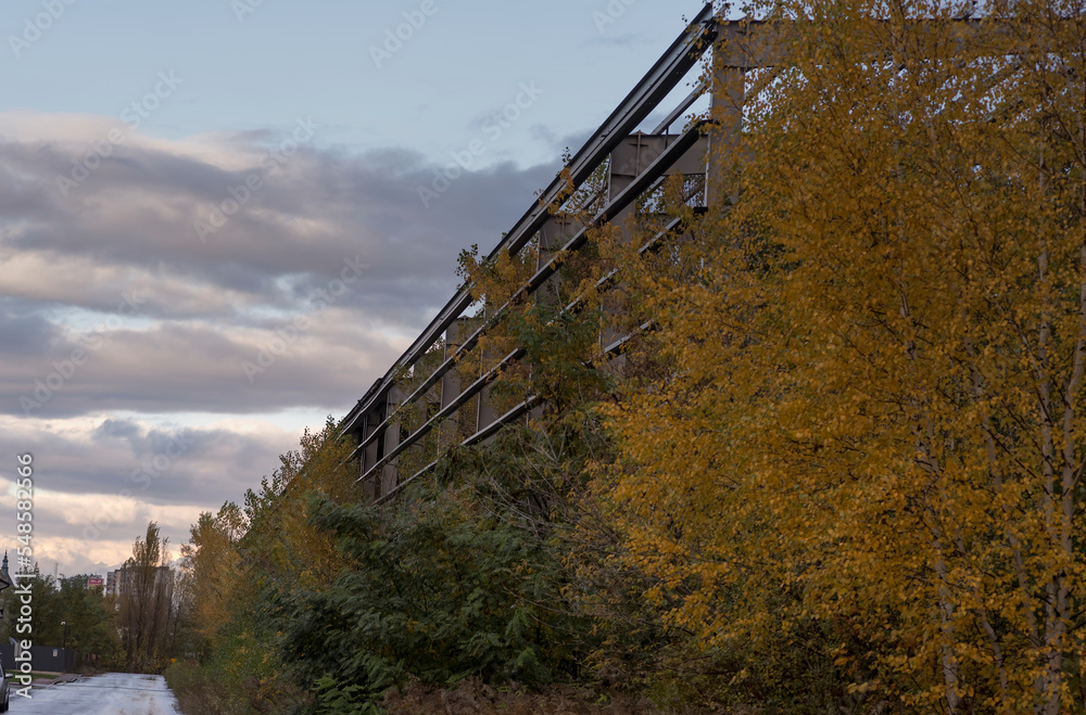 Stara , porzucona i opuszczona hala przemysłowa  z rosnącymi w jej wnętrzu licznymi drzewami . Drzewa w kolorach jesiennych . Niebieskie pochmurne niebo 