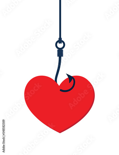 On fishing hook hanging heart. Deception, a trap on the hook. Flat design style, vector illustration.