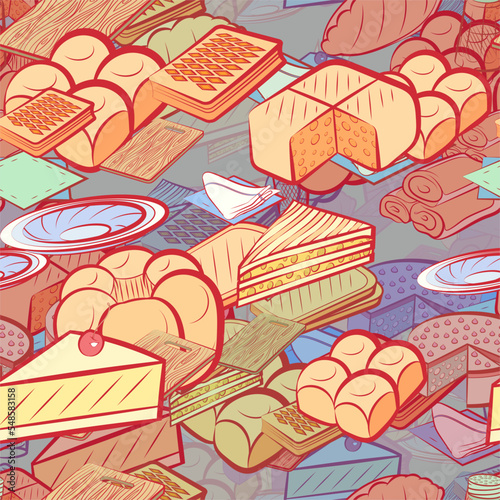 Background pattern abstract design texture. Seamless. Bakery products and Table setting. Theme is about fork, napkin holder, a sandwich, bakery, waffles, pepper pot, filling, lush, sennit