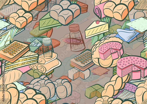 Background pattern abstract design texture. Seamless. Table setting and Bakery products. Theme is about sandwich, sennit, cut, tree, cherry, plate, roll, holes, spicy, slice, knife, fried