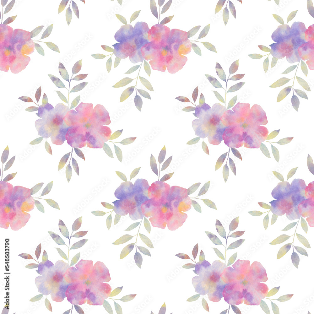 Watercolor bouquet, seamless botanical pattern. Flowers and leaves collected in a seamless pattern for design.