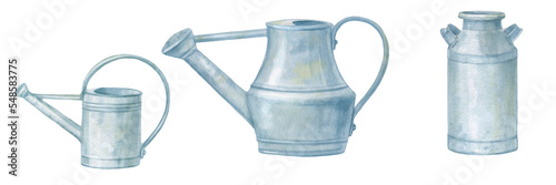 Watercolor illustration, set of galvanized steel garden watering cans. Watering containers hand drawn isolated on white background.