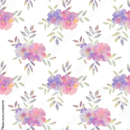 Watercolor bouquet  seamless botanical pattern. Flowers and leaves collected in a seamless pattern for design.