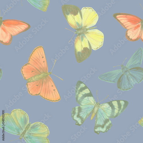 Multi-colored butterflies painted in watercolor, collected in a pattern. Seamless background of watercolor butterflies for wallpapers, textiles, wrapping paper, postcards.
