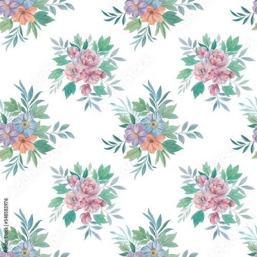 Template design for design, postcards, textiles, wallpapers. Seamless floral pattern with flowers and leaves, watercolor illustration.