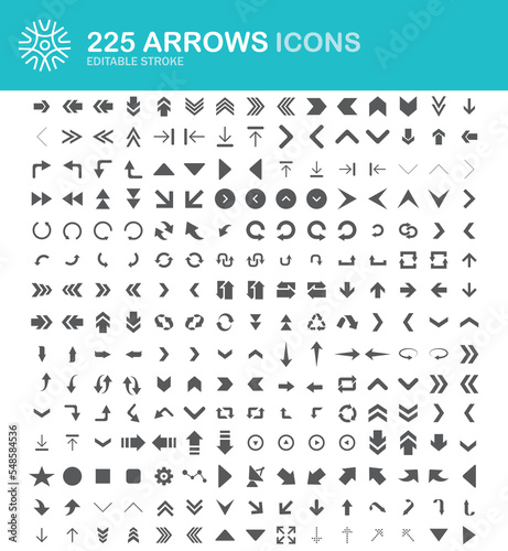 Arrows set of 225 black icons. Arrow icon. Arrow vector collection. Arrow. Cursor. Vector illustration. Lines with editable stroke