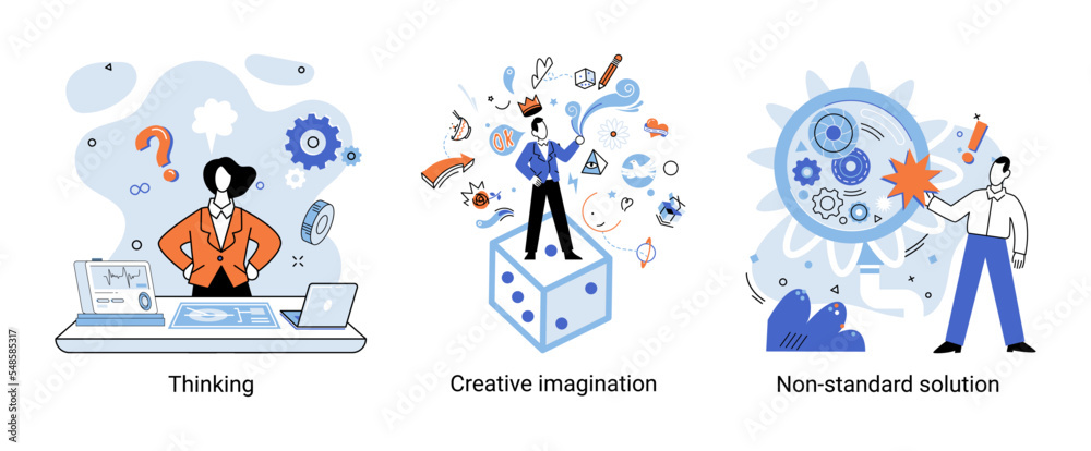 Naklejka premium Creative thinking. People with different mental mindset types or model creative. Imaginative logical and structural thinking. MBTI person metaphor. Non standart solution. Brain think people solve idea