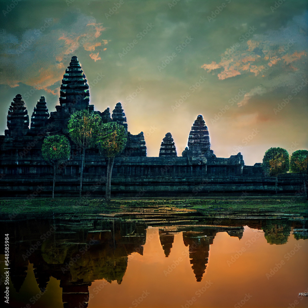 Fototapeta premium ancient temple complex Angkor Wat with reflected in lake Siem Reap, Cambodia