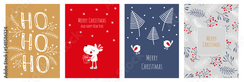 Bright festive Christmas and New Year cards. Winter universal abstract creative art templates. Minimal design for a gift bag, poster, packaging. Vector drawn characters: deer, bird.