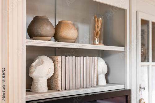 Head shaped bookends with books and clay pot on a shelf indoors. Selective focus. © Pavel