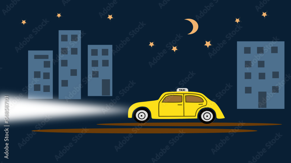 yellow car in the night city as a taxi