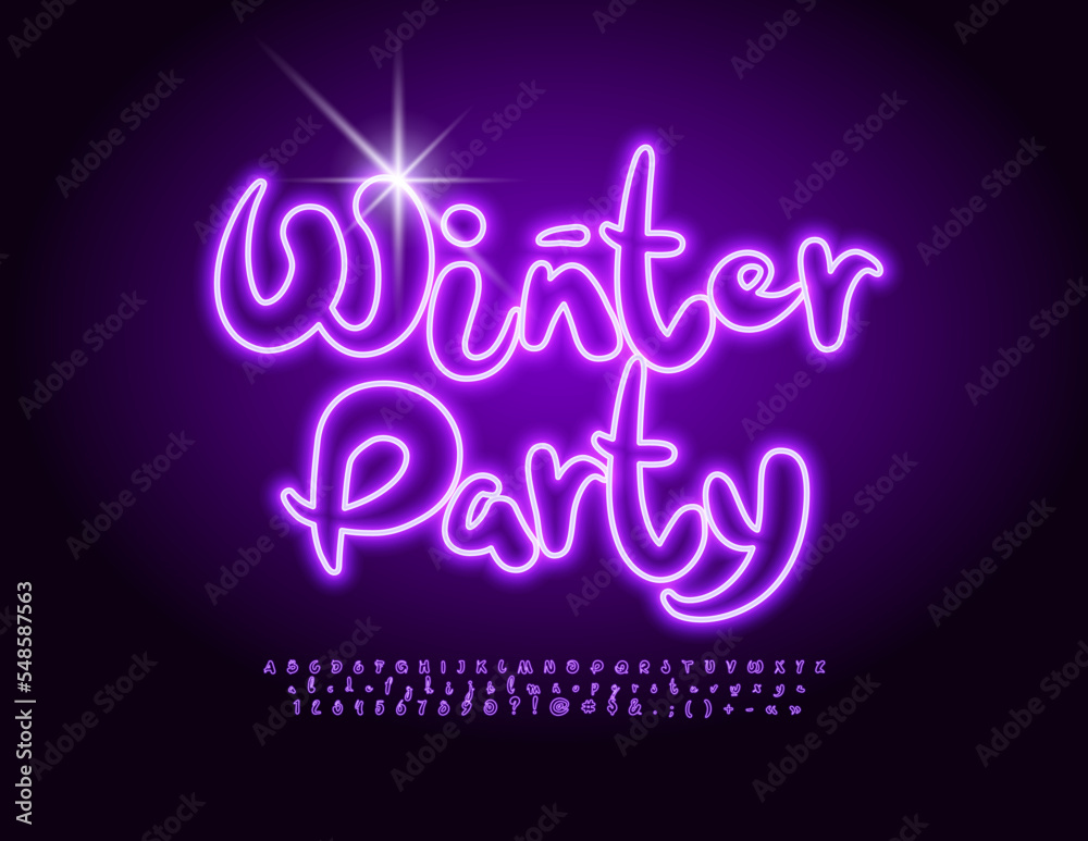 Vector neon banner Winter Party. Violet handwritten Font. Glowing Artistic Alphabet Letters and Numbers set