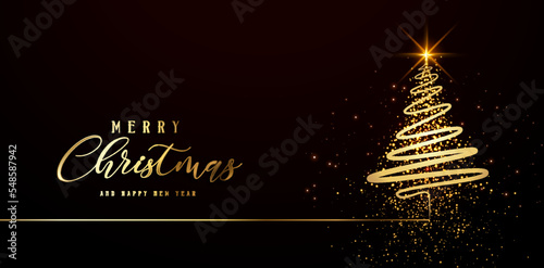 Christmas banner. Background Xmas design of sparkling lights garland, with realistic gifts box, black snowflake and glitter gold confetti. Horizontal christmas poster, greeting cards, headers, website