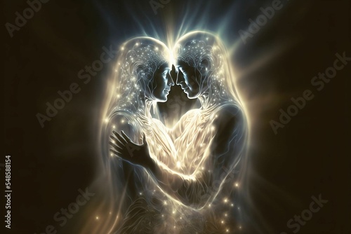 Abstract drawing of Soulmates embracing in the light of the divine spirit