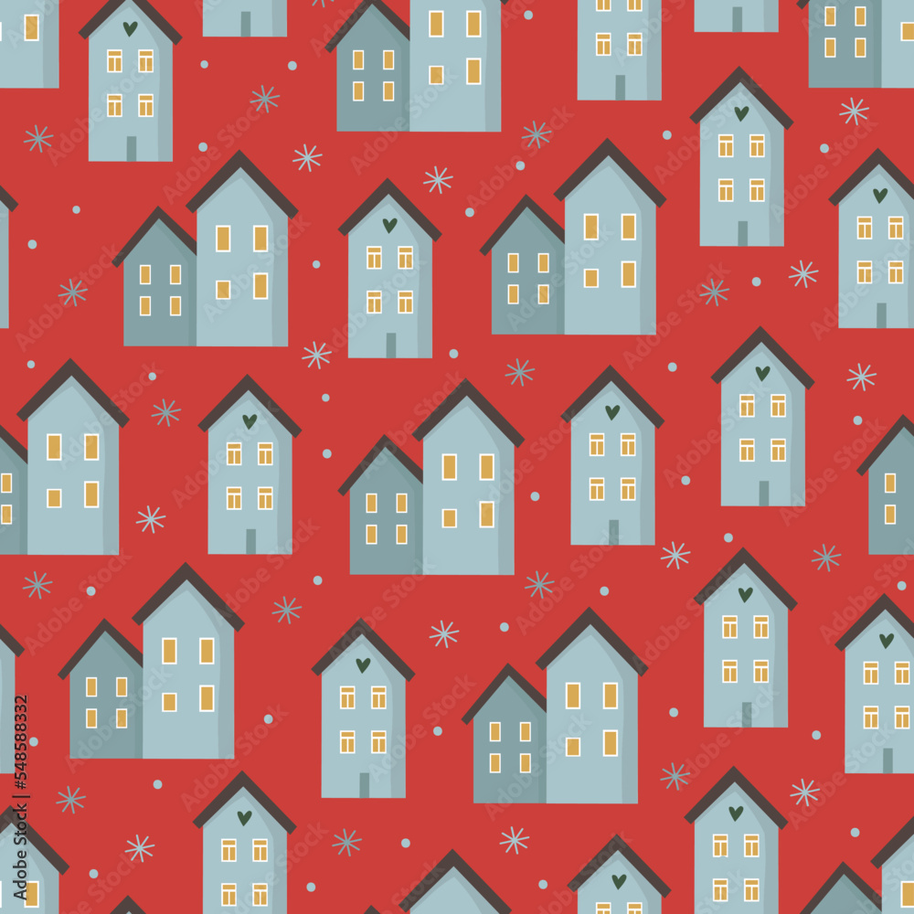 house silhouette and outline seamless pattern with cute blue houses on red background. Vector illustration for abstract geometric city design. Endless print background texture.Christmas house pattern.