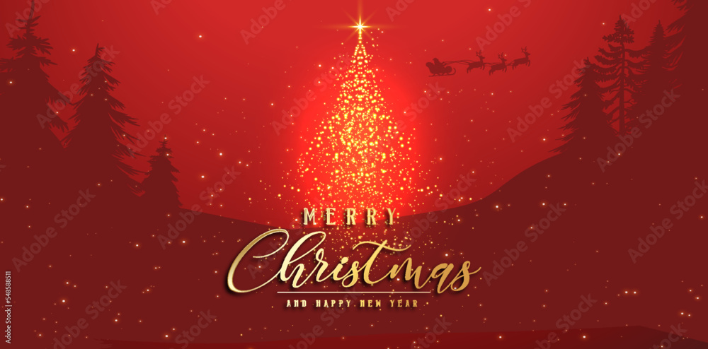 Sparkling gold and silver lights xmas tree Merry Christmas and Happy New Year greeting message on red background,snow flakes,bright lights decoration.Elegant holiday season social post digital card Sparkling gold and silver lights xmas tree Merry Christmas and Happy New Year greeting message on red background,snow flakes,bright lights decoration.Elegant holiday season social post digital card