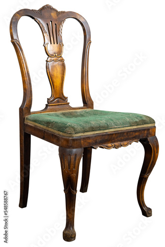 Vintage Chippendale style ,antique walnut Chair with green fabric isolated on white background