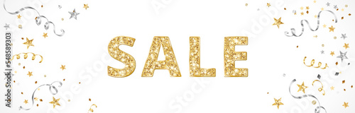Sale banner with golden glitter text. Festive decoration with ribbons, stars and confetti. Celebration frame, border. Sparkling sale typography. Vector.