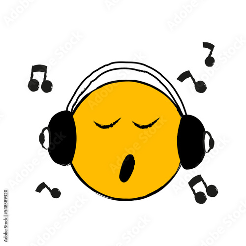 vector illustration of a yellow smiley in headphones singing. favorite music