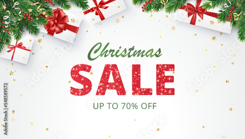 Christmas sale banner. Realistic fir tree branches and presents. Gift boxes with red ribbons. Sale red glitter sparkling text. Holiday decoration, frame. Winter season promotion design. Vector.