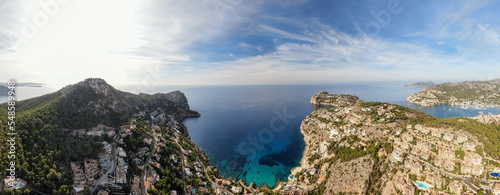 Panoramic photo of the Puerto de Andatx in Mallorca. Beautiful view of the seacoast of Mallorca with an amazing turquoise sea, in the middle of the nature. Concept of summer, travel, relax and enjoy