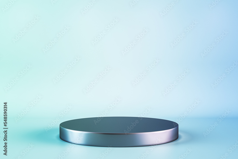 Blue studio with geometric shapes, podium on the floor. Platforms for product presentation, mock up background. Abstract composition in minimal design. 3D Rendering. Blue studio with geometric shapes, podium on the floor. Platforms for product presentation, mock up background. Abstract composition in minimal design. 3D Rendering.