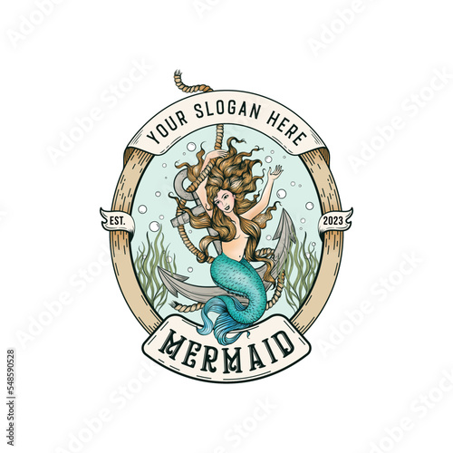 Mermaid logo with a banner for a custom vector design