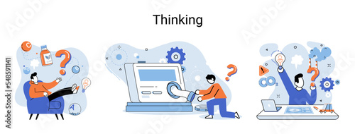 Problem solving metaphor, wondering or thinking, planning or pondering, with question mark. Creative thought idea. Brainstorming, idea and fantasy, motivation and inspiration, finding solution, answer