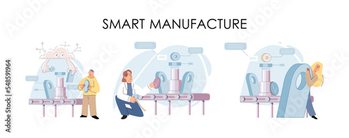 Manufacturing process industry. Scientist robot assembling products. Smart manufacture, automation development metaphor. Smart industry product design, automated production, robots and machinery 4.0
