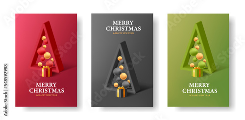 Set of flyers or posters, Merry Christmas greeting card with stylized Christmas tree as empty 3d render triangle with balls inside