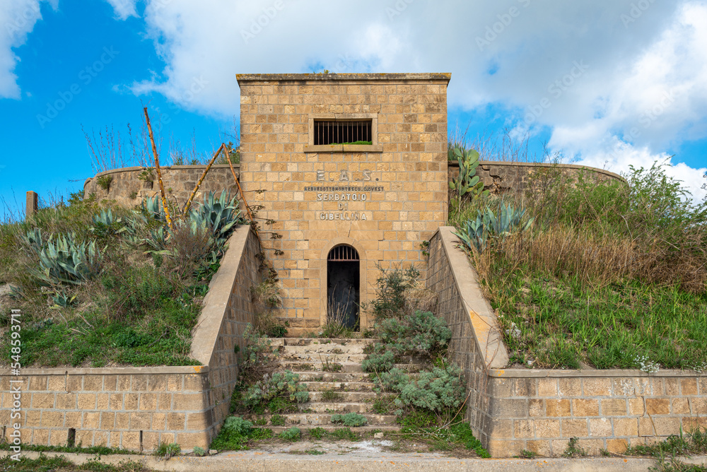 Entrance to the former waterworks of the small town of Gibellina Vecchia, destroyed in 1968 by the great earthquake in the valley of Belice in Sicily