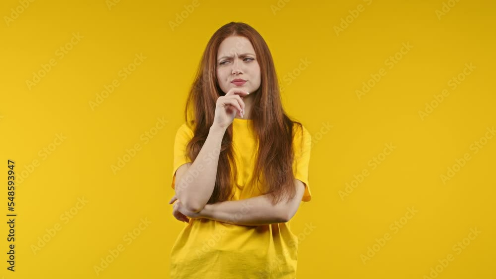 Young pensive woman having idea eureka moment, pointing finger up on yellow background. Smart student girl showing answer gesture or remembered what she forgot, memory concept Young pensive woman having idea eureka moment, pointing finger up on yellow background. Smart student girl showing answer gesture or remembered what she forgot, memory concept