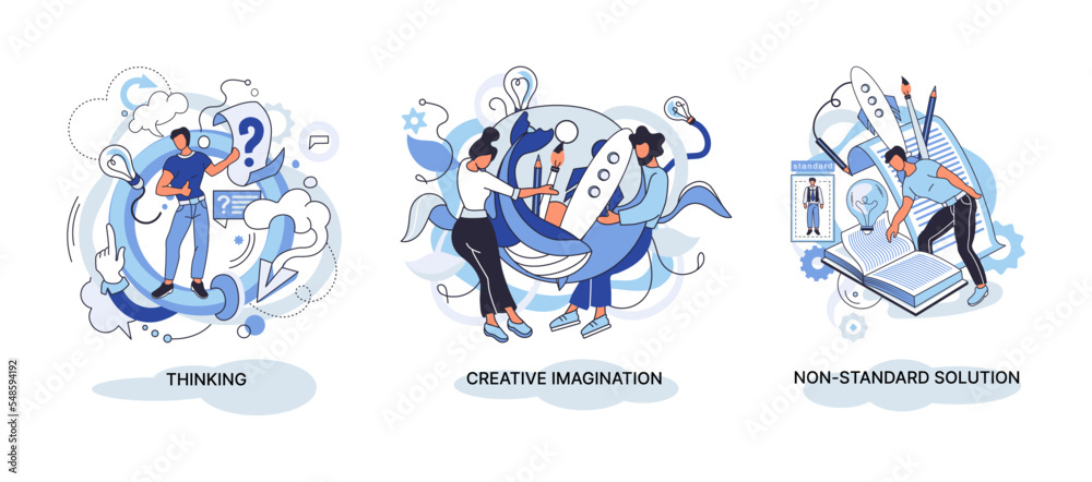 Fototapeta premium Creative thinking. People with different mental mindset types or model creative. Imaginative logical and structural thinking. MBTI person metaphor. Non standart solution. Brain think people solve idea